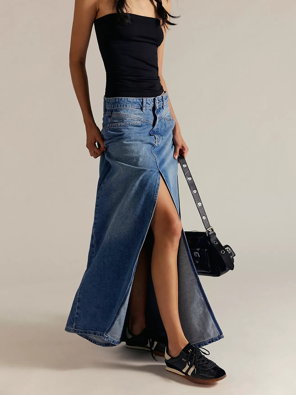 We The Free Denim Maxi Skirt Front Slit Free People NEW Size 8 Come As You Are